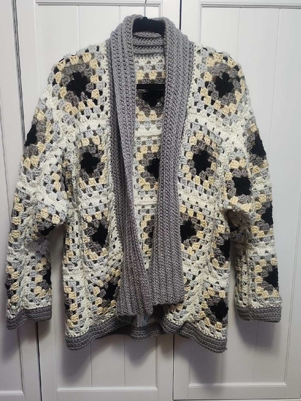 Gray Crochet Open-Front Cardigan Sweater